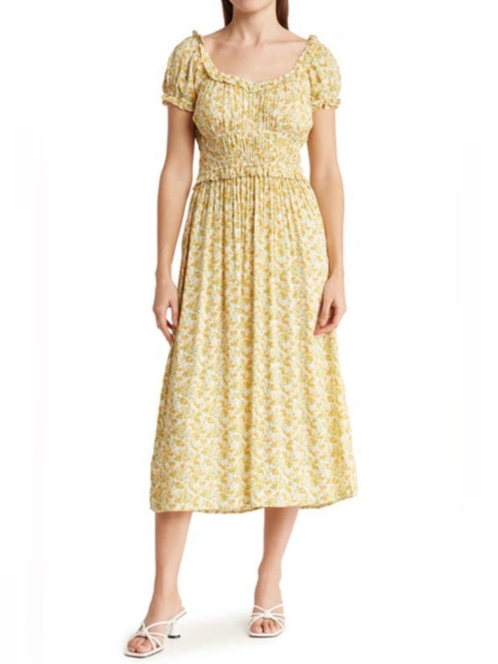 Lush Yellow Floral Smocked Midi Dress with Puff Sleeves